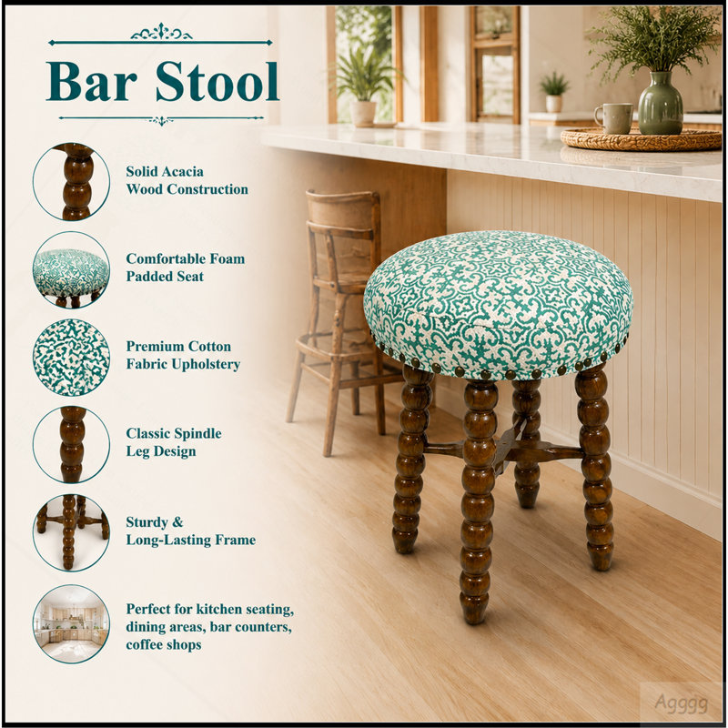 Tabouret de bar rembourré avec structure en bois d'acacia massif Spindle, Motif cachemire bleu