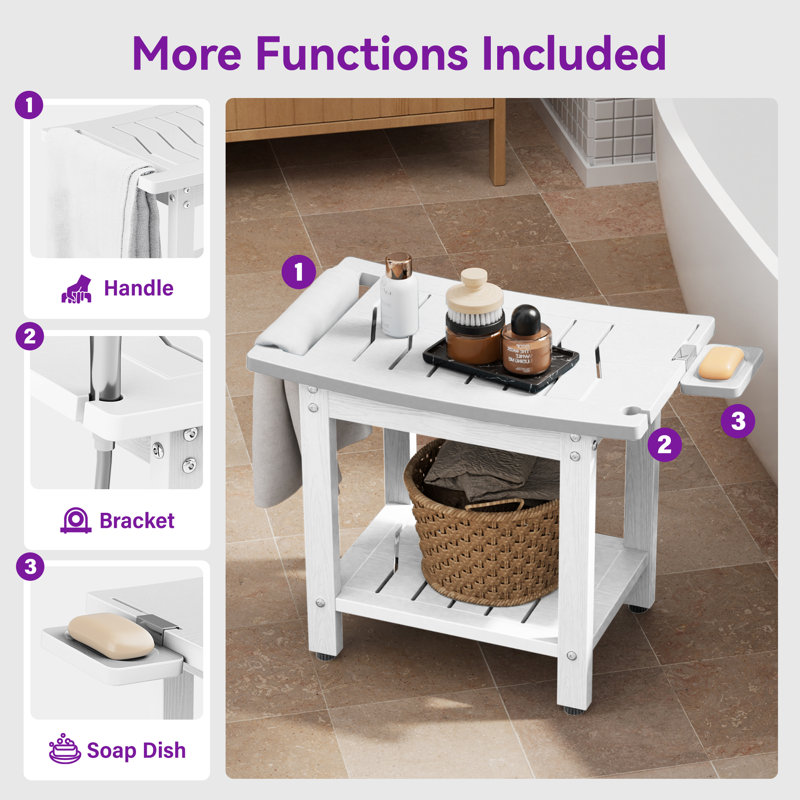 Tabouret de douche d'une capacité de 400 lb avec tablette et poignée, siège de salle de bain imperméable avec pieds antidérapants, banc utilitaire intérieur / extérieur facile à assembler pour adultes, blanc