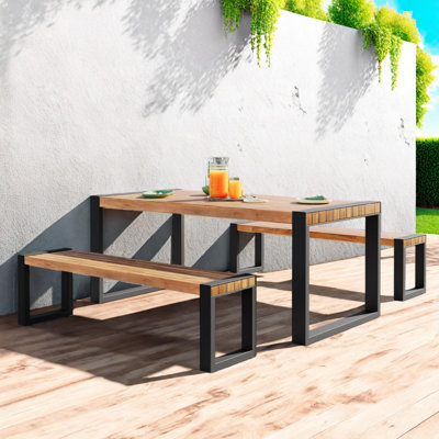 3-Piece Outdoor Dining Set with Acacia Wood Table and 2 Benches, Steel Frame for Patio or Indoor Use