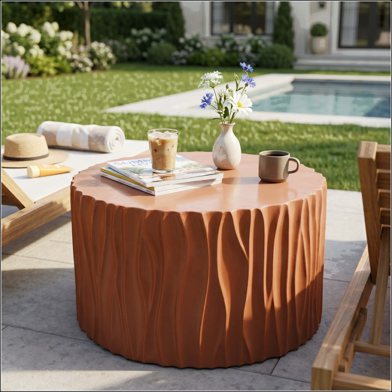 Table basse ronde à texture ondulée avec structure MGO résistante aux intempéries, Terracotta