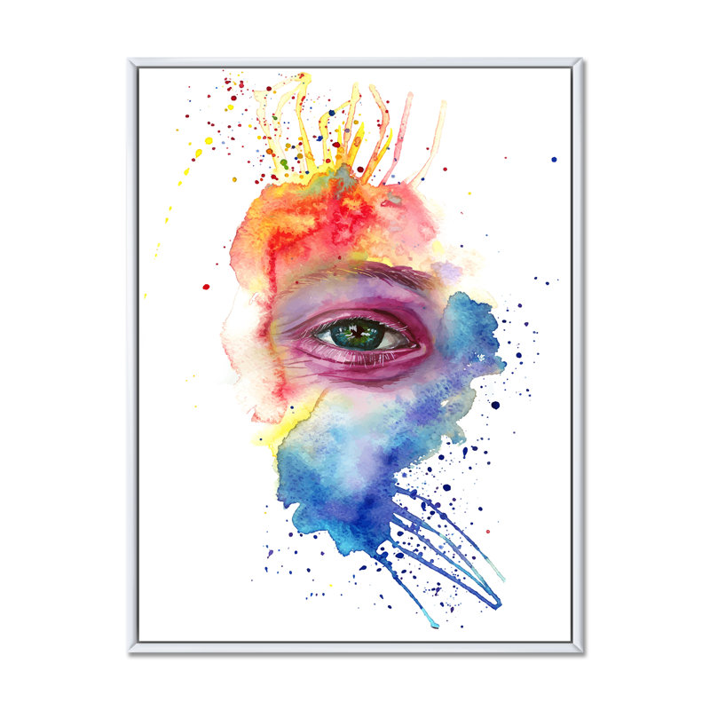Détail d'un œil sur un visage multicolore - peinture sur toile, Toile blanche encadrée, H 32 po x l 24 po x P 1 po