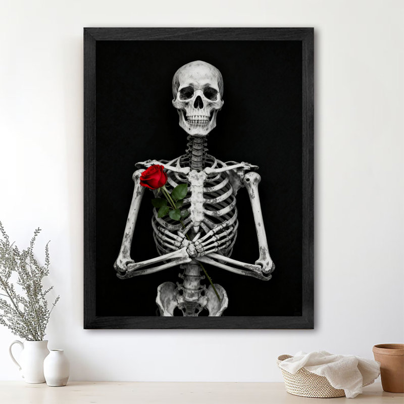 Art mural rétro noir squelette et rose encadré de style fantôme squelette foncé, H 37 po x l 25 po