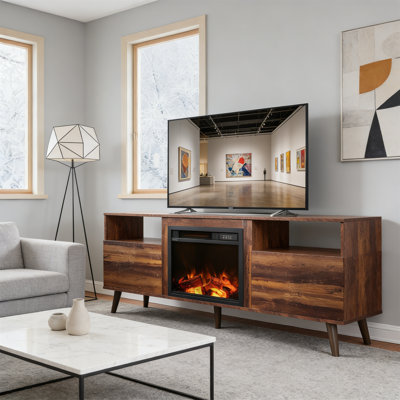 Fireplace TV Stand For 55 65 Inch TV, Mid-Century Entertainment Center With Electric Fireplace, Media Console With Open Shelf & Storage Cabinets, Rustic Brown