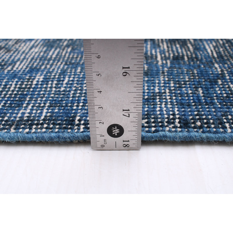 Tapis bleu marine / blanc en laine noué à la main 9 pi 4 po x 12 pi 11 po