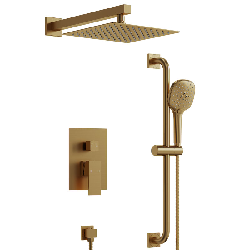 10" Pressure-Balanced Rain Shower System with 3-Function Handheld Shower and Adjustable Slide Bar, Brushed Gold
