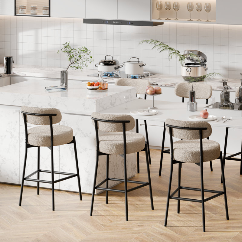 Emmorie Modern Counter Height Bar Stools , 28 Inch Upholstered Barstools with Curved Open Back & Round Seat, Plush Bouclé Fabric Bar Chairs for Kitchen Island, Dining Counter & Home Bar, Comfortable & Stylish (Set of 4)