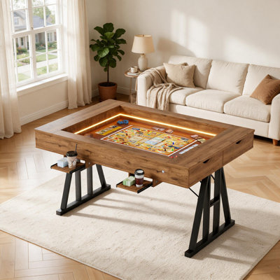 Board Game Table with Removable Top, LED Lights & Cup Holders, 2-in-1 Convertible Dining Table, Rustic Wood Poker Table with Recessed Play Area for Game Room, Dining Room, or Living Room