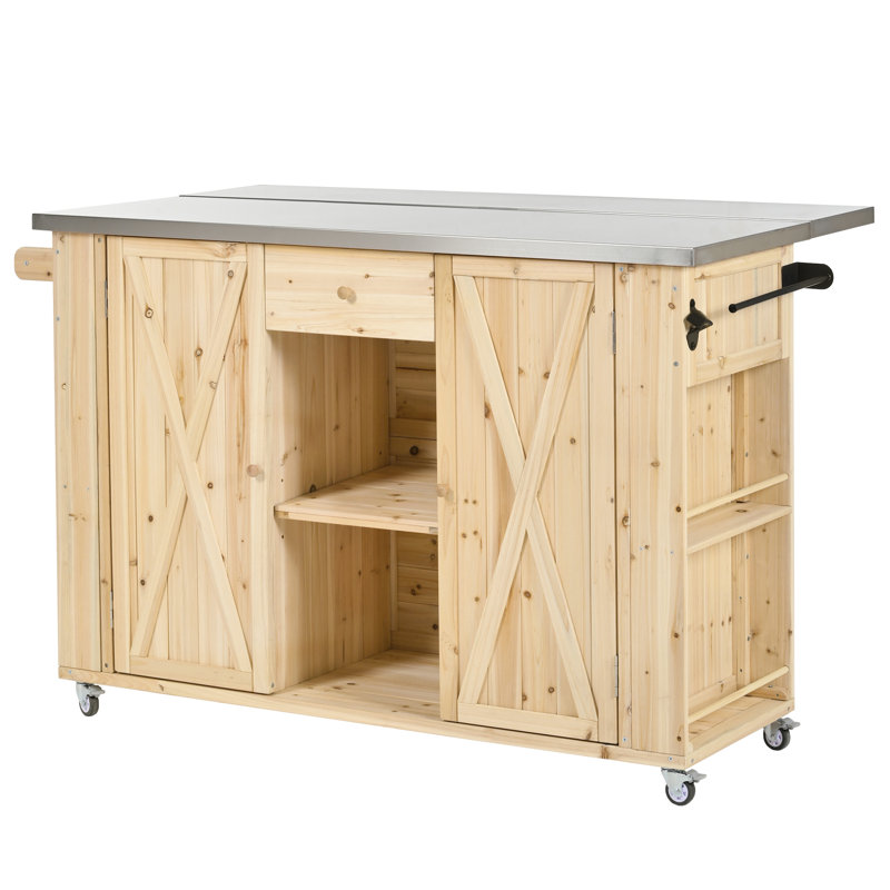 Bureau de cuisine extérieur polyvalent - Fabrication en bois de sapin, plateau en acier inoxydable, espaces de rangement, serviette et épices, ouvre-bouteille intégré, unité mobile avec roues verrouillables en bois d'îlot, comptoir, spacieux