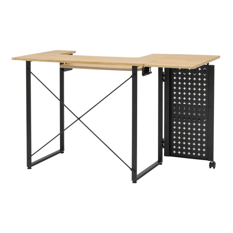 Table de couture pliable 47,75 "x 23,5" avec plateforme pour machine à coudre et roues, Bois de frêne, Bois de frêne