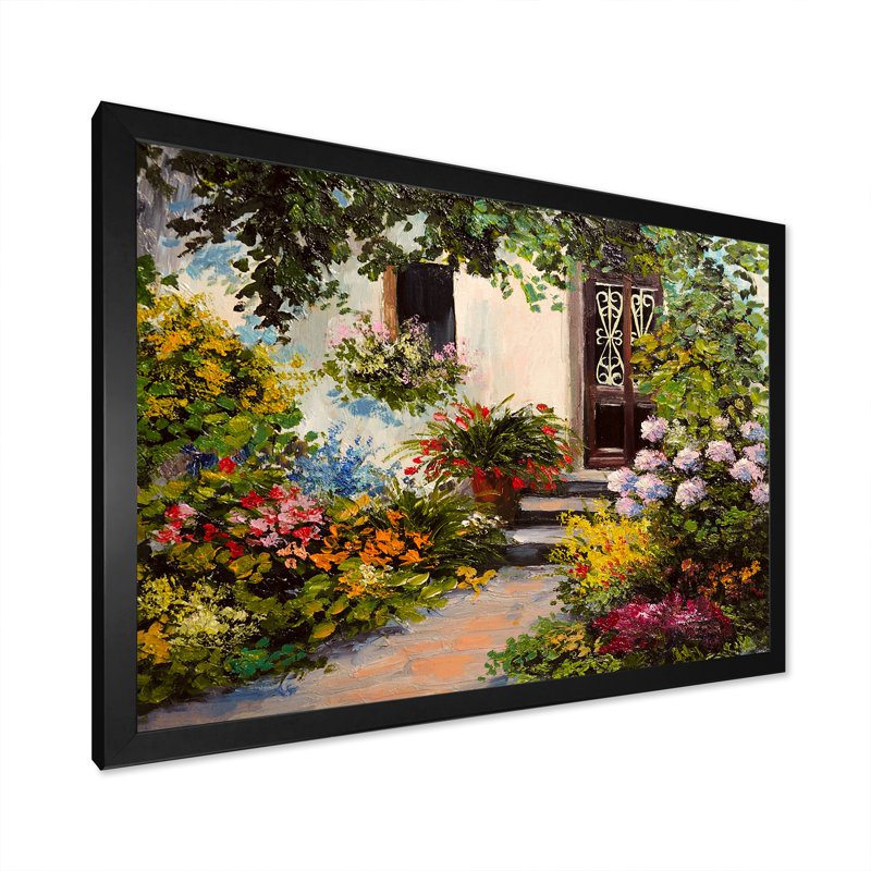 Fleurs colorées dans une maison méditerranéenne II - reproduction d'art sur toile, Toile avec cadre noir