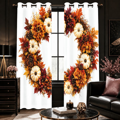 2Pcs Rustic Farmhouse Barn Door Wreath Fall Harvest Curtains, Autumn Pumpkin Sunflower Leaf Printed Art Pastoral Style for Bedroom Dining Room Decoration for Home Dector