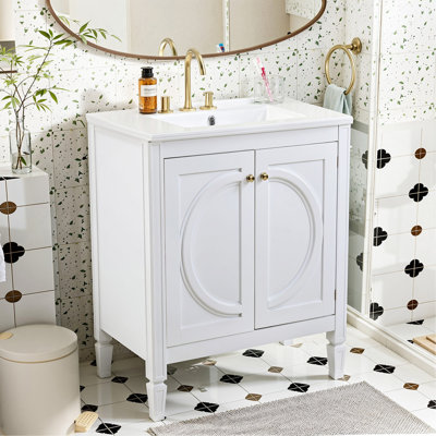 30" No Assembly Needed Vintage White Bathroom Vanity With Ceramic Sink,Two Soft-Close Doors & Adjustable Shelf,Modern Farmhouse Style