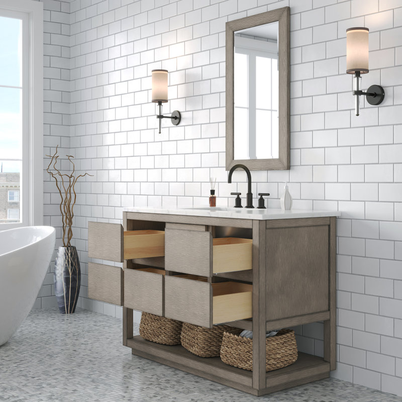 Oakman 48 In. Double Sink Carrara White Marble Countertop Bath Vanity In Grey Oak With ORB Faucet