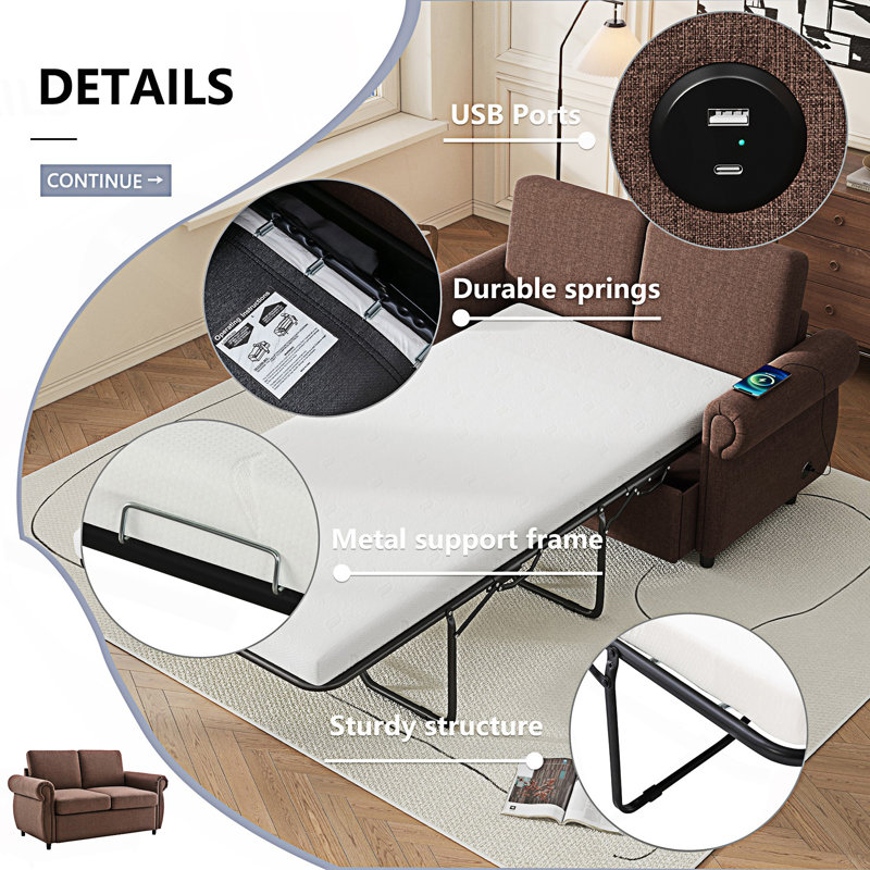 Canapé-lit escamotable, causeuse avec matelas à mémoire de forme simple et deux ports USB, Brun