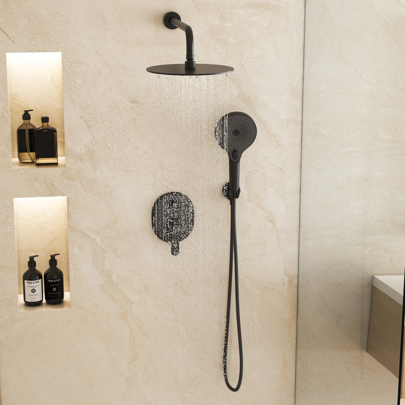 10 inch Round Shower System with 3 Setting Handheld, Rainfall Shower Head, All-In-One Kit with Rough-in Valve