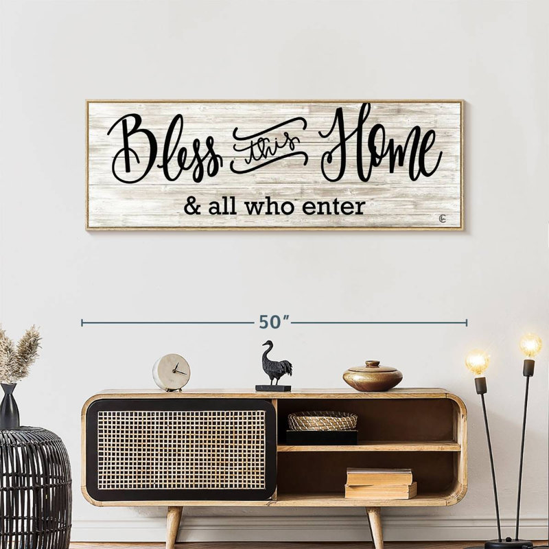Plaque murale «Bless This Home», Cadre flottant en bois naturel, 49 po x 17 po