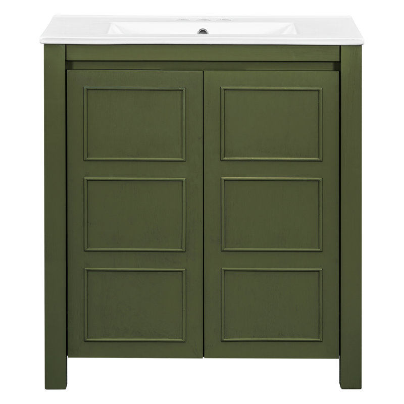 Meuble-lavabo de 30 pouces de style rustique avec armoire olive, lavabo en céramique, poignées de porte dissimulées et trou de trop-plein de style spacieux, charnières à fermeture en douceur, assemblage facile