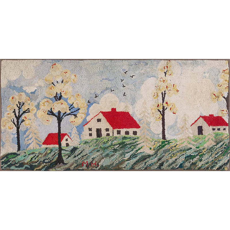Antique American Scenic Folk Art Farm Cabin Design Hooked Rug