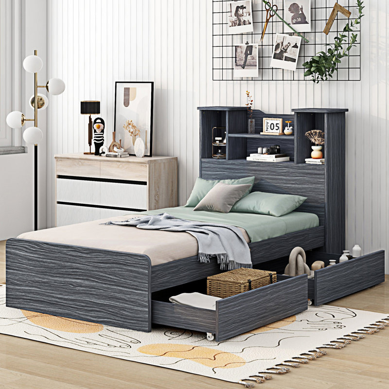 Base de lit plateforme de rangement avec 4 tablettes de rangement ouvertes et 2 tiroirs de rangement, Gris