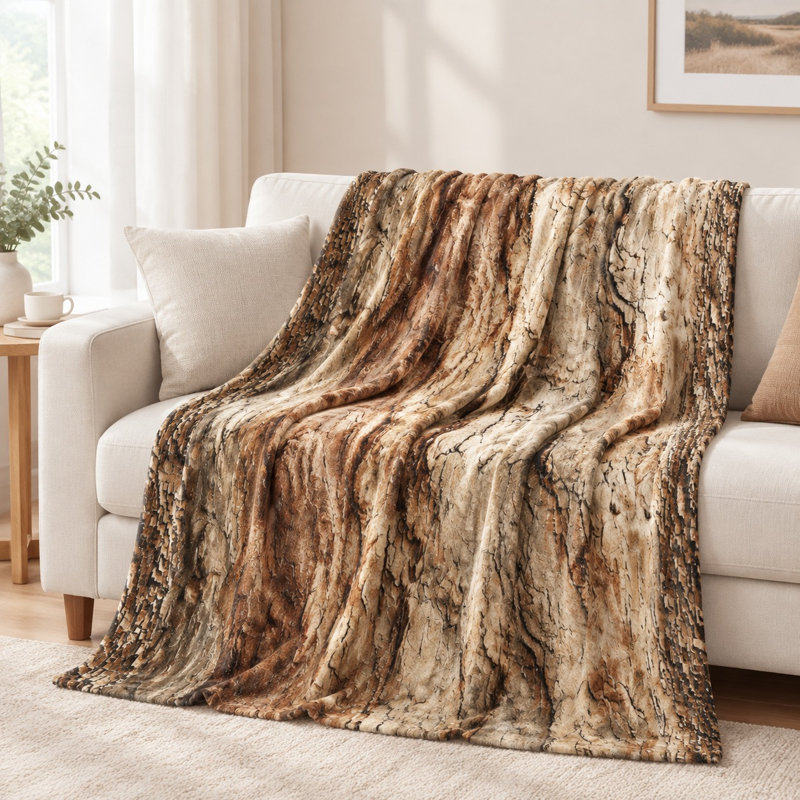 Plaid en flanelle à motif écorce d'arbre - Texture réaliste, tons bruns naturels, doux, chaud et confortable, idéal en toute saison, facile d'entretien, élément décoratif pour canapé, fauteuil, salon, chambre et mobilier de jardin.
