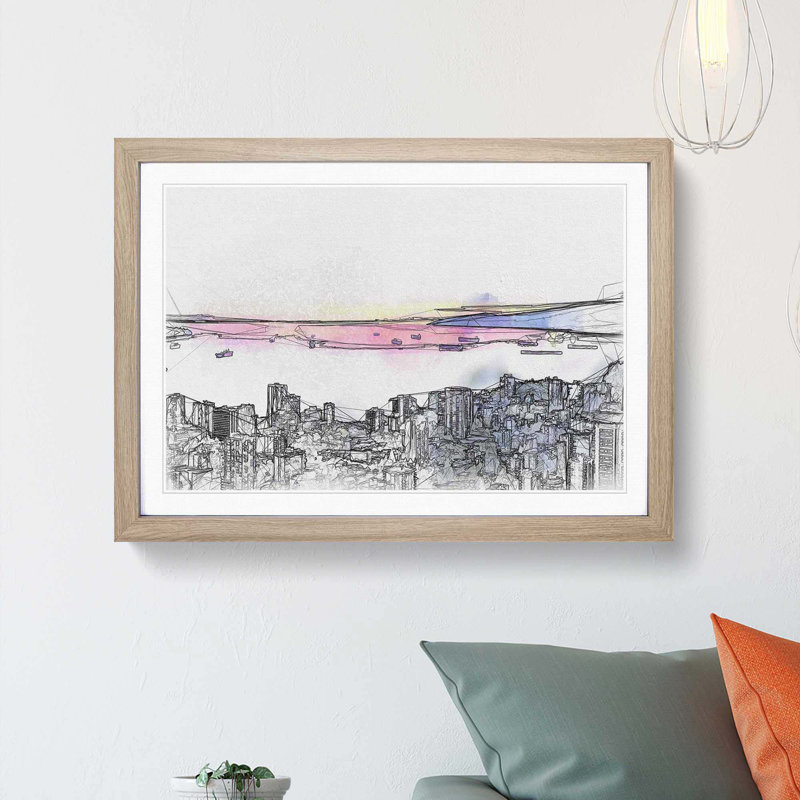 Vancouver Canada Skyline in Abstract - Picture Frame Graphic Art Print, Oak, 50cm H x 76cm W x 2cm D