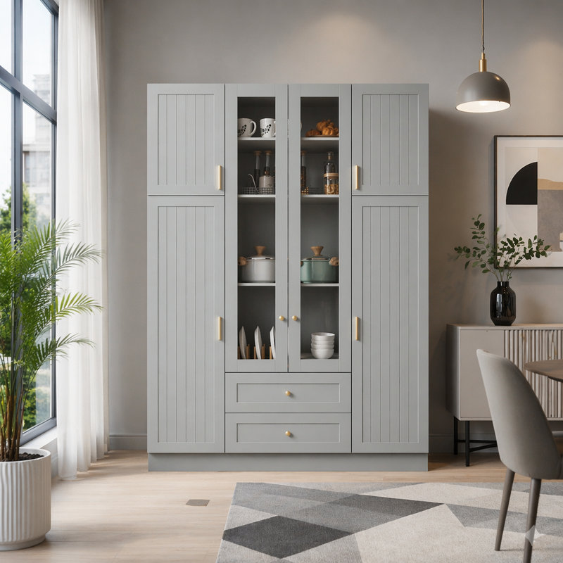 Grande armoire de cuisine moderne 53,2 po, armoire de rangement autoportante avec 6 portes, tablettes réglables, tiroirs, plateaux coulissants et porte-bouteilles