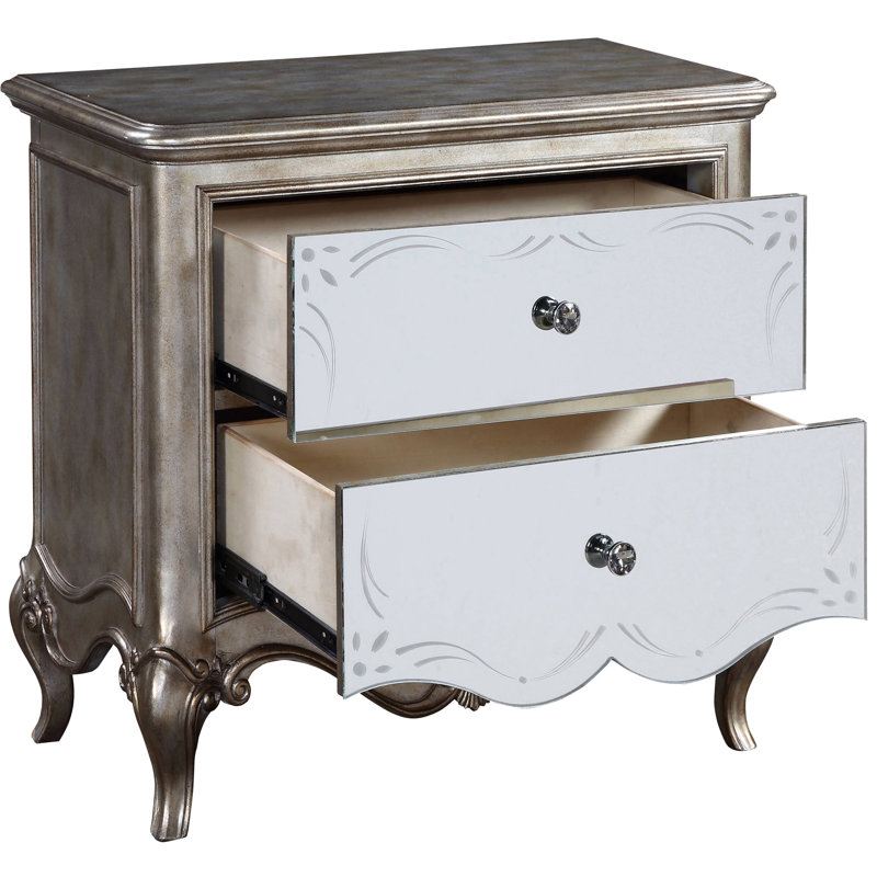 Table de chevet antique champagne pour les chambres à coucher - 2 tiroirs, devant miroitant Splendor Marvelous Touch