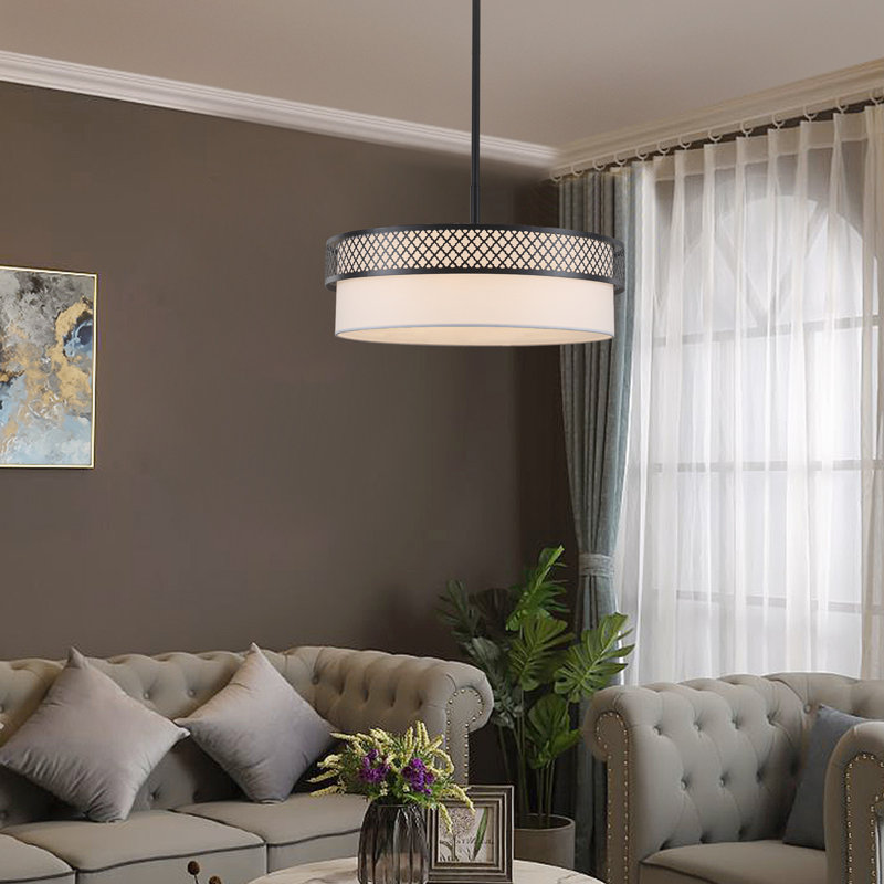 5 - Light 21.57" Dimmable Linen Shaded Drum Chandelier With Cut-Out Design Frame For Kitchen Island Living Dining Rooms Entryway Hallway Foyer