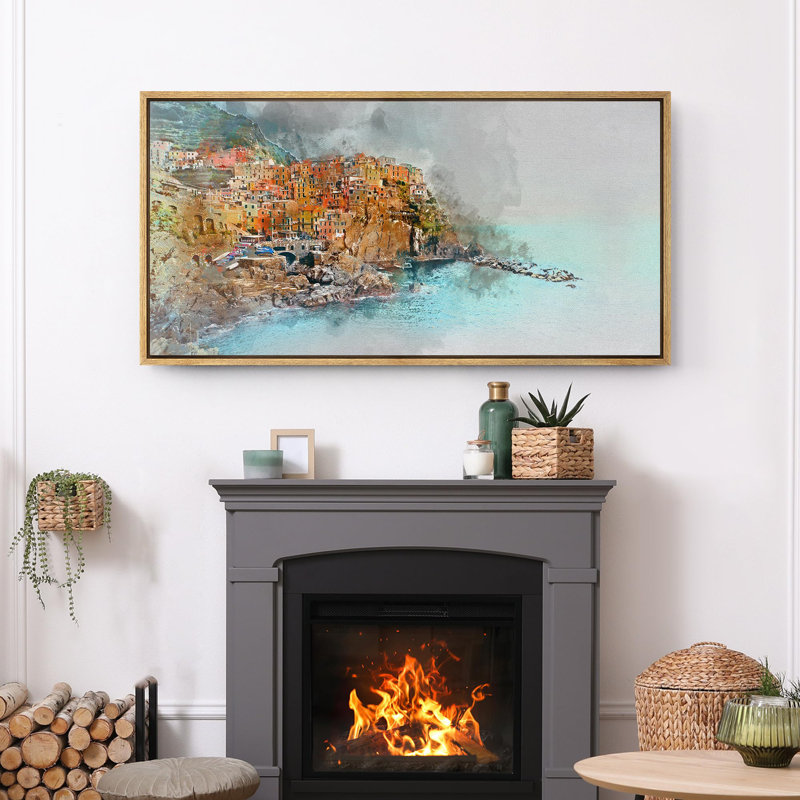 Coastal Town, scène de bord de mer vibrante, art moderne, H 30 po x l 60 po, Naturel
