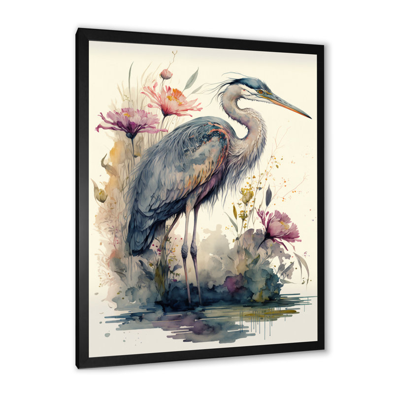 Mignon héron, art floral V - peinture sur toile, Impression noire sur toile encadrée, H 20 po x l 12 po x P 1 po