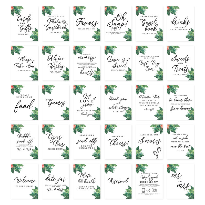 Ensemble de 30 panneaux de mariage feuilles tropicales pour la cérémonie, signalétique de décor de réception, 8,5 x 11 po