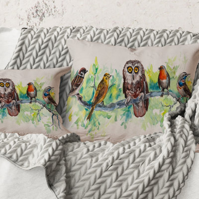 Square,Owl On A Branch With Bird Friends - Traditional Printed Throw Pillow