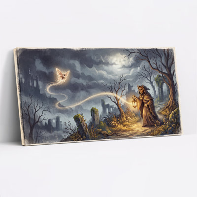 «Masked figure and Glowing Moth In Moonlit Forest», art mural sur toile