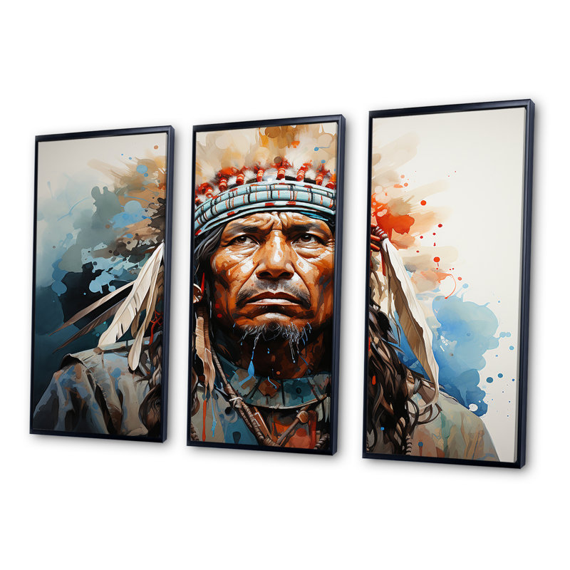 Native Apache Warrior - Ensemble d'art mural sur toile Native American, Cadre flottant noir, H 32 po x l 48 po x P 1 po