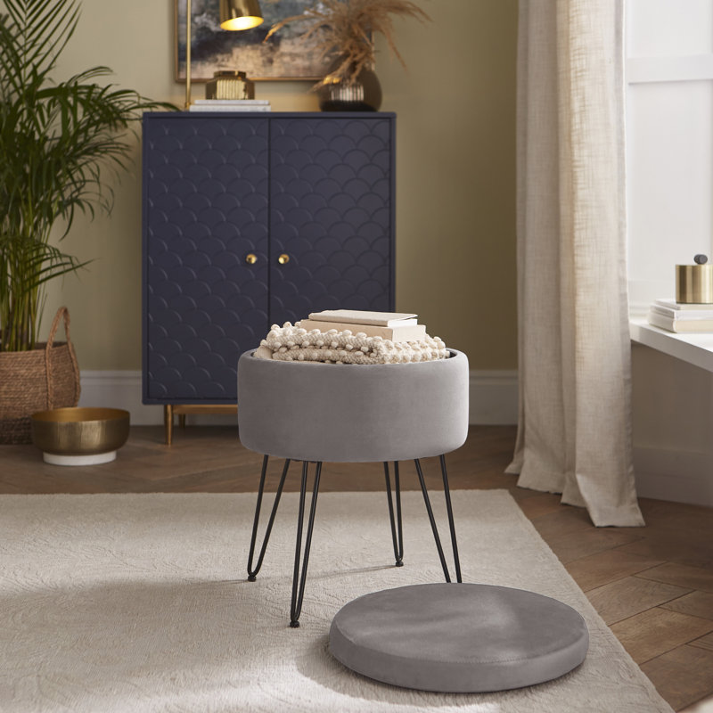 Tamicka 38cm Wide Velvet Round No Pattern Pouffe Ottoman with Storage, Grey