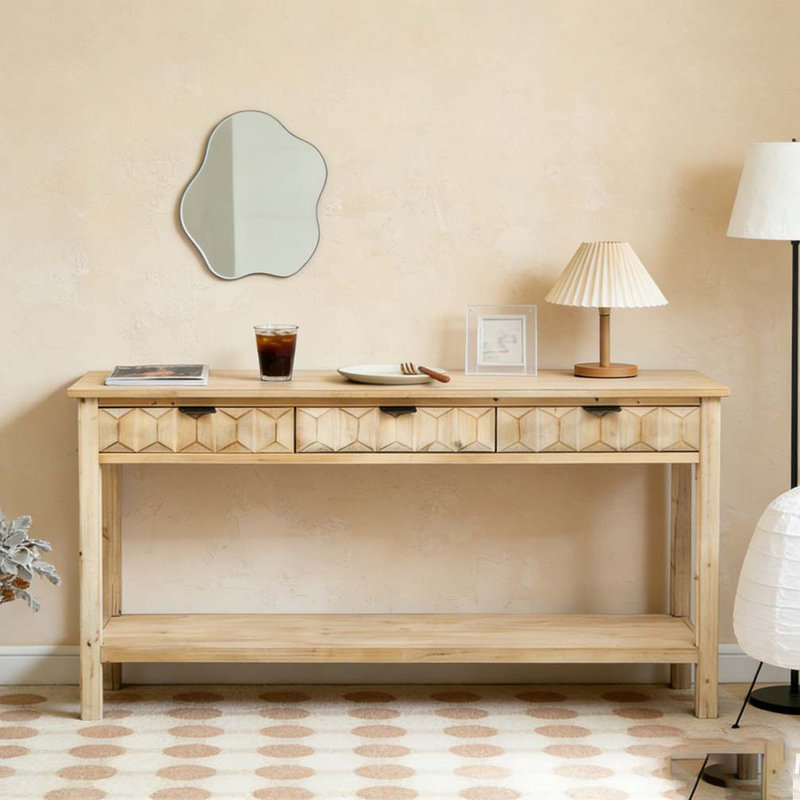 60'' Fir Veneer Entryway Table with Honeycomb-patterned Fronts,Modern Stylish Console Table, Natural