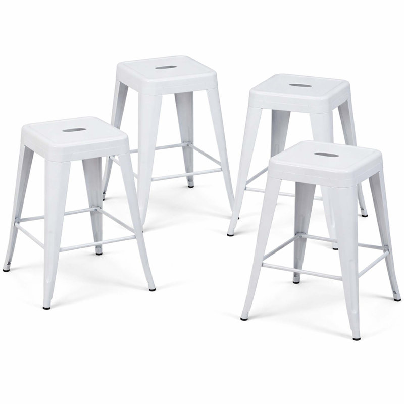 Tabourets de comptoir en métal sans dossier avec assemblage sans outil et conception peu encombrante, Blanc clair
