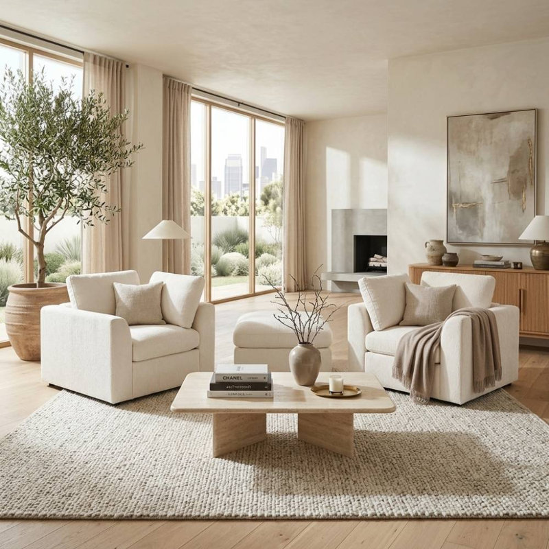 2 Chenille Sofa with Ottoman (Beige)