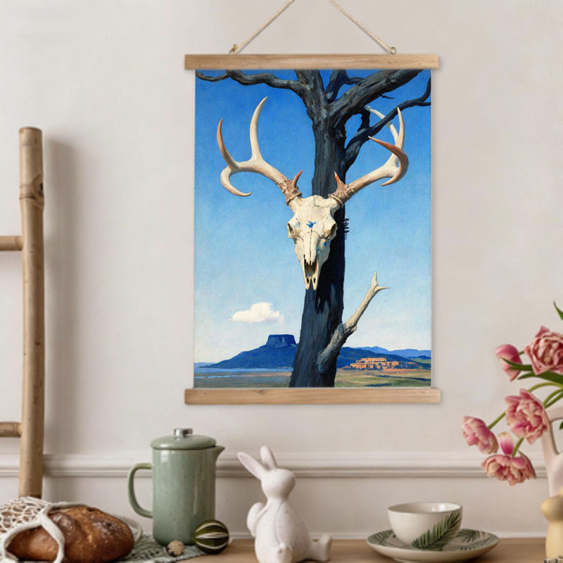 Tête de mort cerf sur arbre mort, art mural à volutes suspendues, cintre en bois intégré, l 16 x L 24