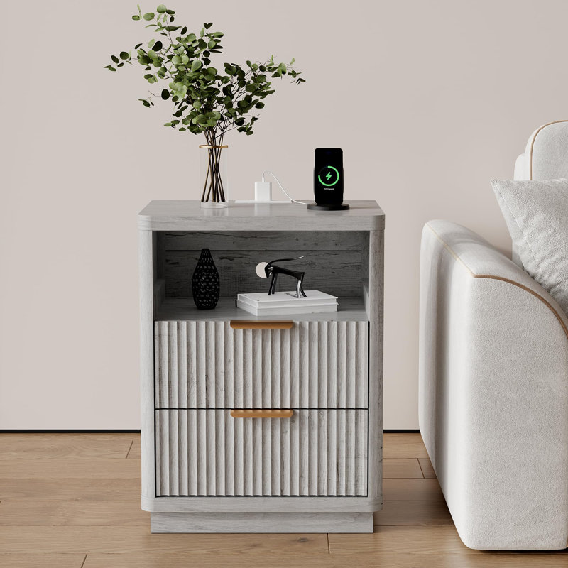 Fluted Nightstand with Charging Station, Mid Century Modern Fluted Nightstand, Modern End Table with Curved Corners