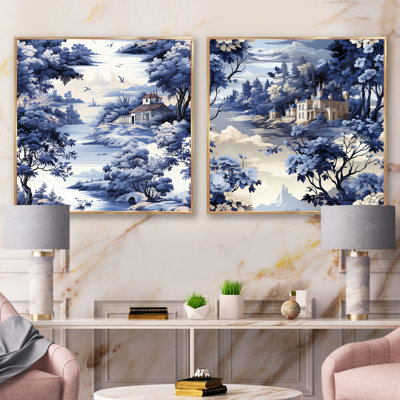 Victorian Cobalt Toile Ii Victorian Pattern - Landscape Square Collage Set Of 2