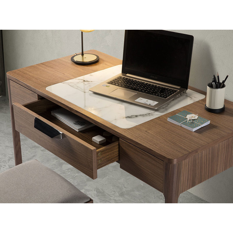 Walnut dressing table with marble-look glass top