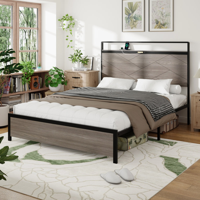 Structure de lit plateforme en bois pleine grandeur avec rangement, tête de lit à DEL, 2 ports USB et assemblage simple