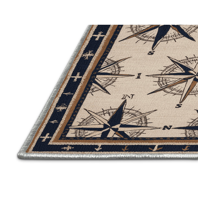 Washable Compass Designs Nautical Area Rug, Round 4'