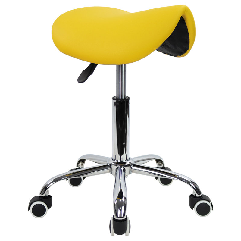 Yellow PU Leather Adjustable Swivel Saddle Stool with Wheels