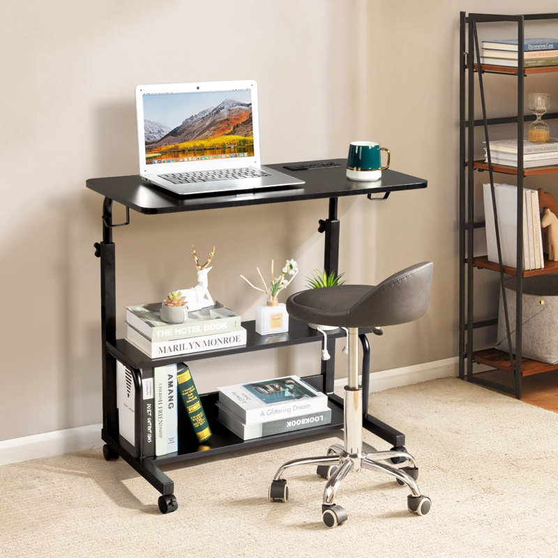 Rolling & Height Adjustable Computer Desk Laptop Table Side Table End Table With With Charging Station, 2 USB Ports, Black