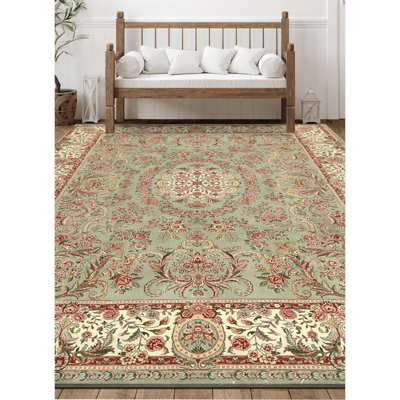 Tapis vert clair et ivoire noué à la main de haute qualité