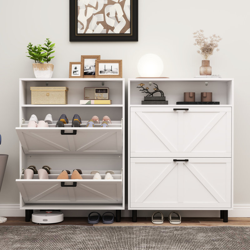 Armoire de rangement pour chaussures avec 2 tiroirs rabattables et design - Blanc antique autoportant pour vestibule, vestibule, couloir
