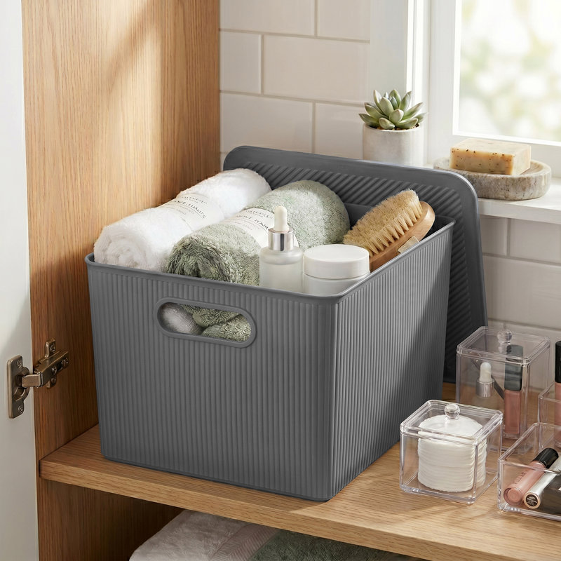 Ribbed Plastic Basket, 1, Gray
