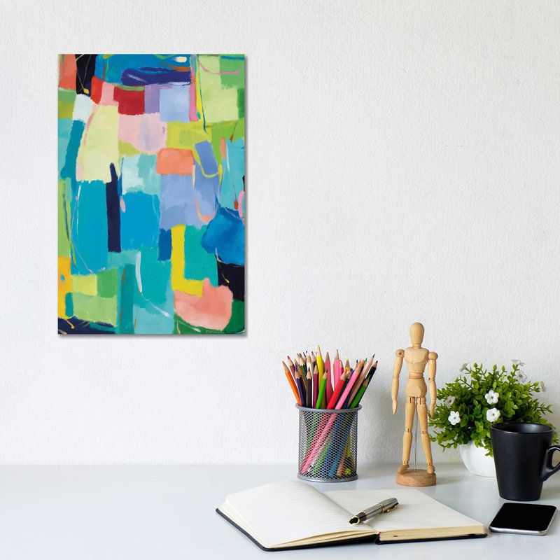 Urban Essay XIV by Kim Parker - Painting on Canvas, 20.32 cm H x 30.48 cm W, Blue/Green, Wrapped Canvas